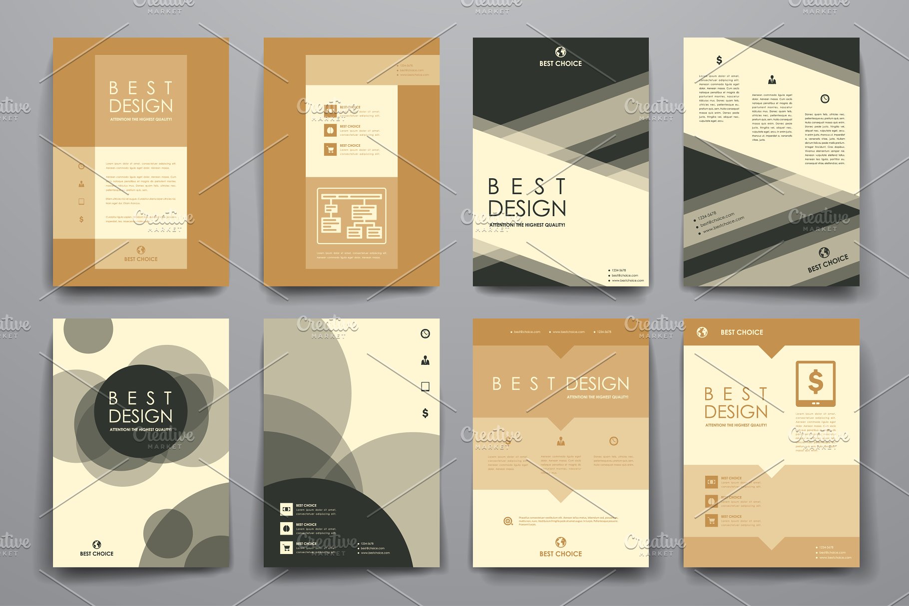 暗色调几何图形背景小册子模板 Set of Beautiful Brochures