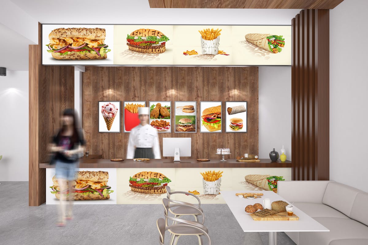 西式快餐店创意内饰场景设计样机 Fast Food Mockup