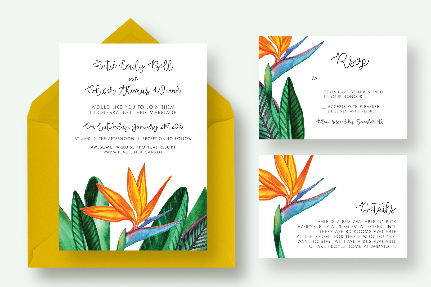 清新植物花卉婚礼邀请函套装 Bird Paradise Flower Wedding Suite