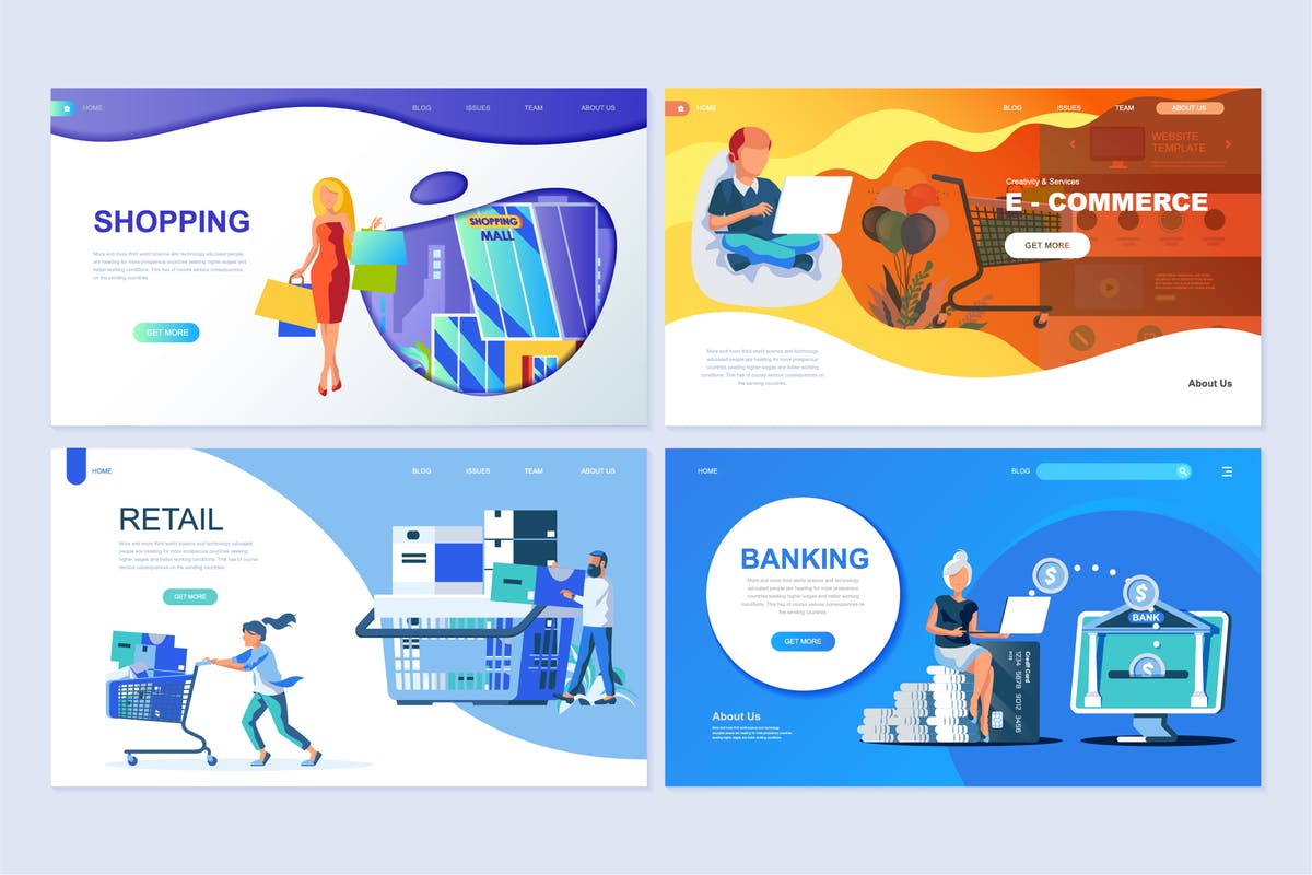 电子商务主题扁平化设计着陆页概念插画 Set of Landing Page Templates Flat Concept