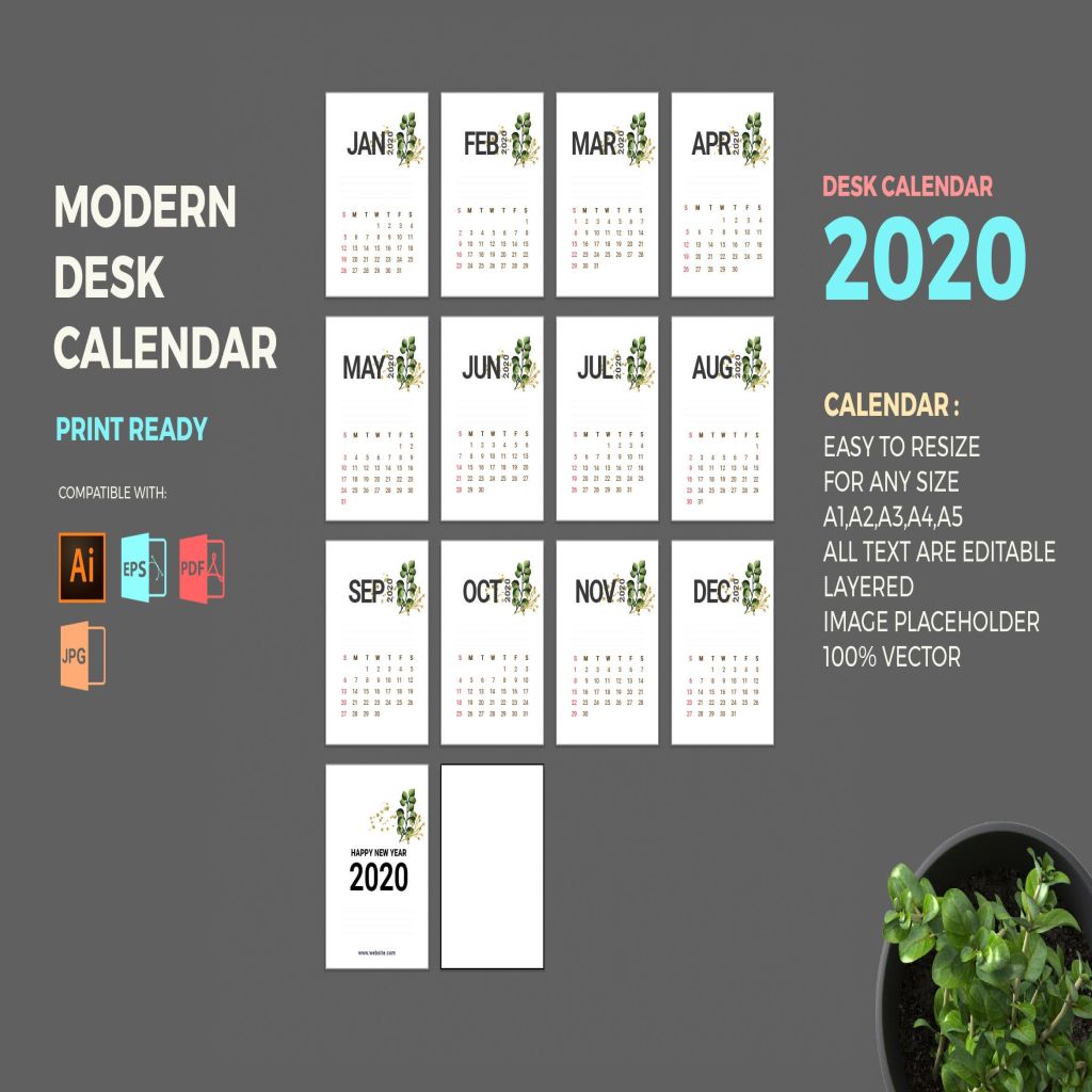 水彩花卉点缀2020年台历日历表设计模板 Modern 2020 Desk Calendar Pro插图