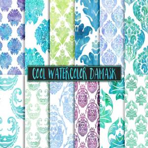 冷色调水彩绸缎纹理背景 Cool Watercolor Damask Backgrounds