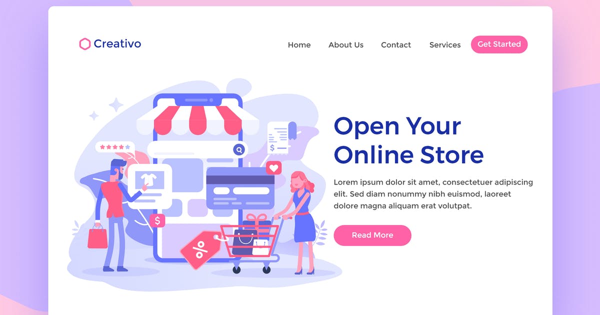 网站着陆页设计在线商店Web购物插画素材 Open Online Store Web Landing Page Illustration