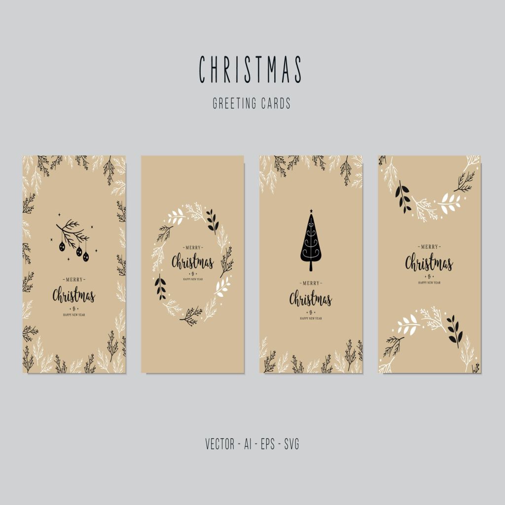 植物手绘图案圣诞节贺卡矢量设计模板集v2 Christmas Greeting Vector Card Set插图