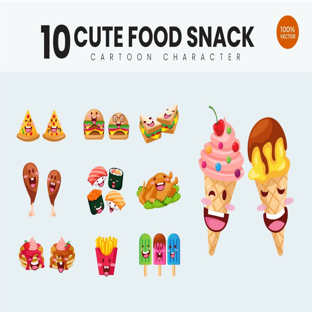 10个小吃美食可爱卡通形象矢量插画v1 10 Cute Food Snack Vector Illustration Vol.1插图