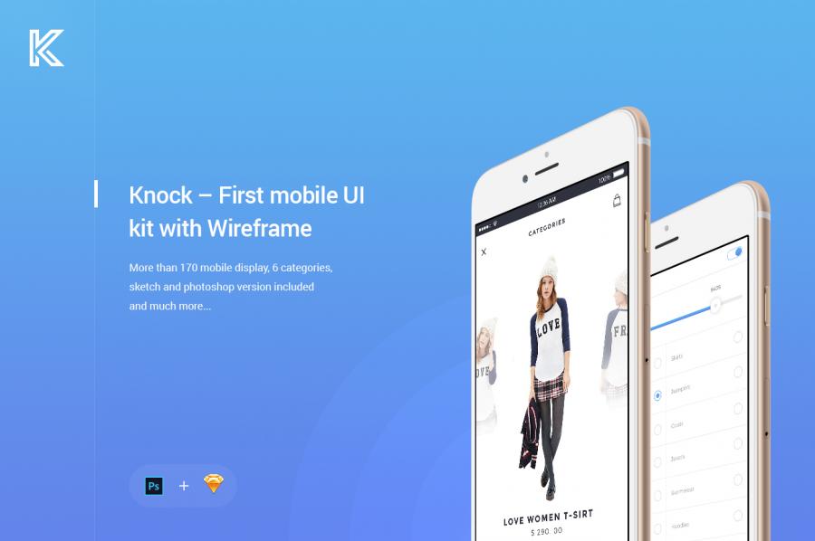 170 APP 界面模板 Knock Mobile UI Kit with Wireframe [PSD&SKETCH]