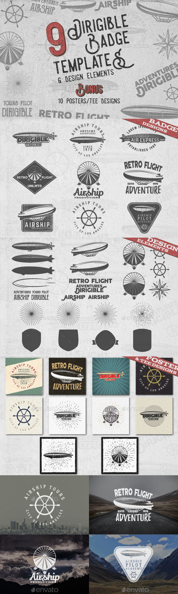 老式飞艇飞船标志设计素材集 Dirigible Badges & Design Elements