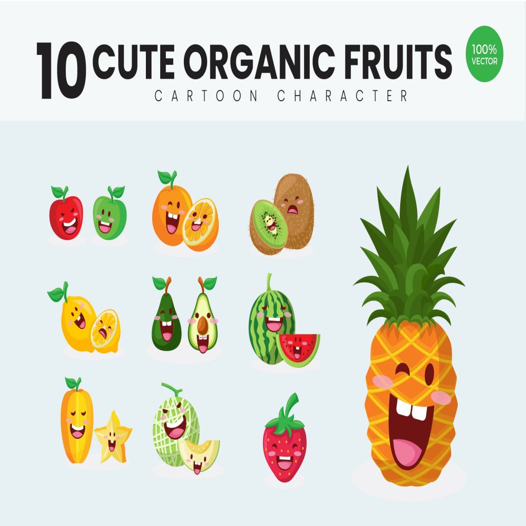 10个有机水果可爱卡通形象设计矢量插画v2 10 Cute Organic Fruits Vector Illustration Vol.2插图