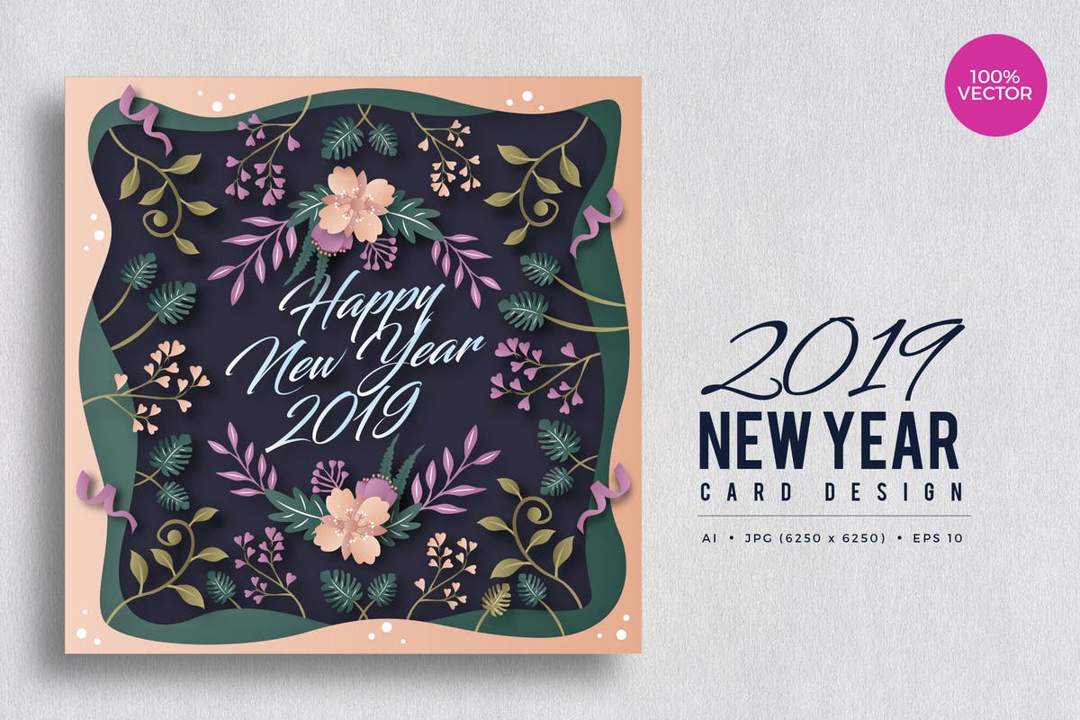 2019年新年贺卡手绘花卉插画设计模板v2 Happy New Year 2019 Floral Vector Card Vol.2