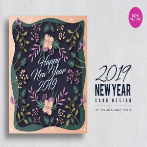 2019年新年贺卡手绘花卉插画设计模板v2 Happy New Year 2019 Floral Vector Card Vol.2