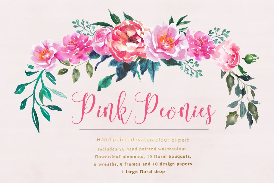 牡丹花水彩剪贴画 Peonies Pink Flower Clipart