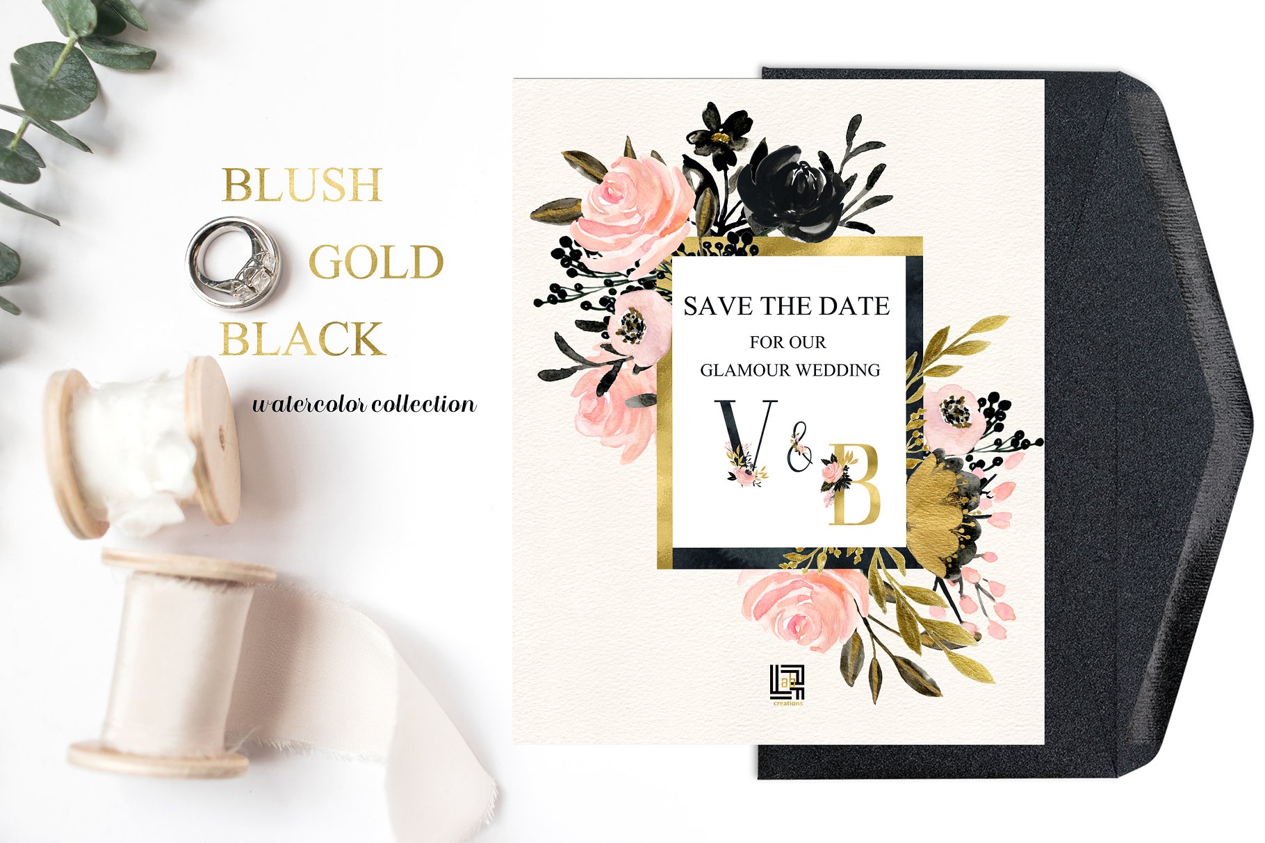 胭脂黑金水彩花卉剪贴画 Blush Gold Black. Floral graphics.