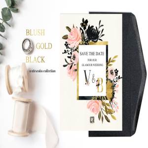 胭脂黑金水彩花卉剪贴画 Blush Gold Black. Floral graphics.