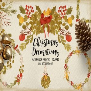 圣诞装饰品水彩元素剪贴画素材 Watercolor Christmas Decorations