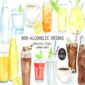 非酒精饮料水彩画插图 Watercolor non-alcoholic drinks