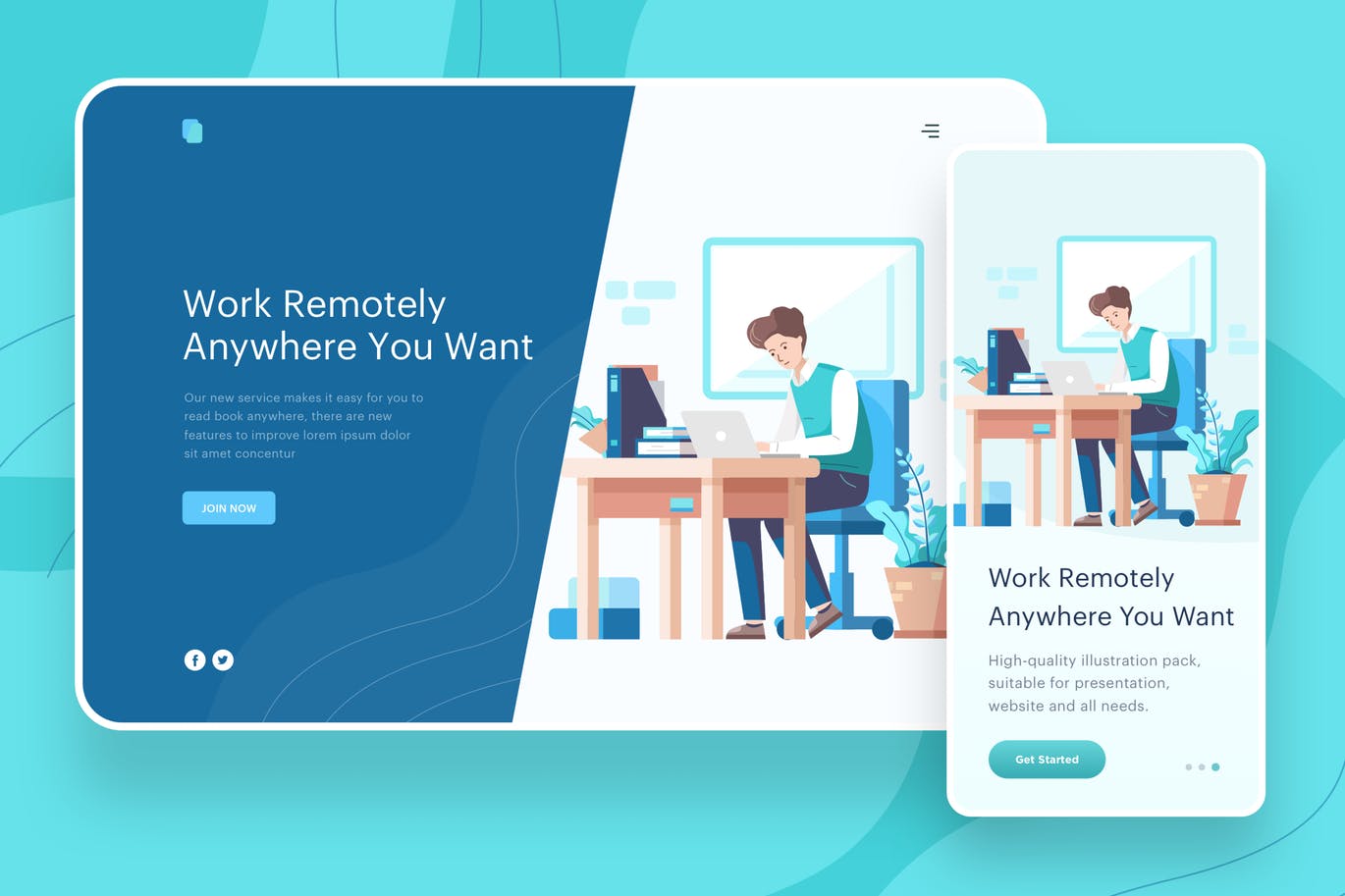 远程办公主题网站矢量插画设计素材 Work Remotely Anywhere – Website Header