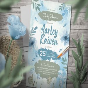 蓝色婴儿满月酒/百日宴邀请函设计模板 Blue Baby Shower Invitation