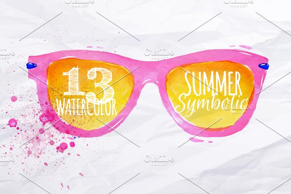 时尚夏季元素皱巴巴纸张背景 Set Watercolor summer