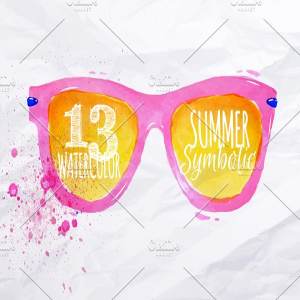 时尚夏季元素皱巴巴纸张背景 Set Watercolor summer