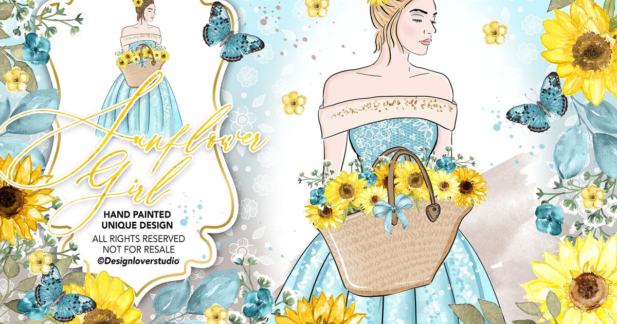 向日葵女孩水彩手绘插画设计素材 Sunflower Girl design