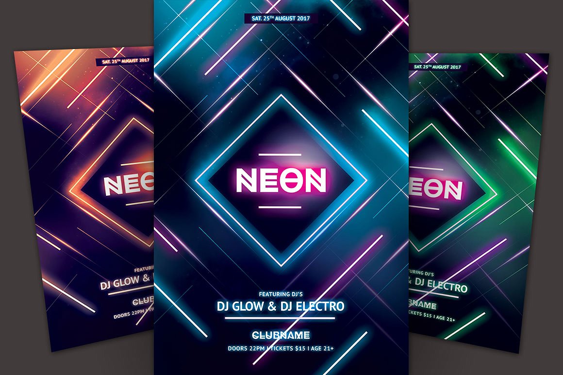 抽象霓虹灯光效果派对活动宣传单模板 Neon Flyer Template