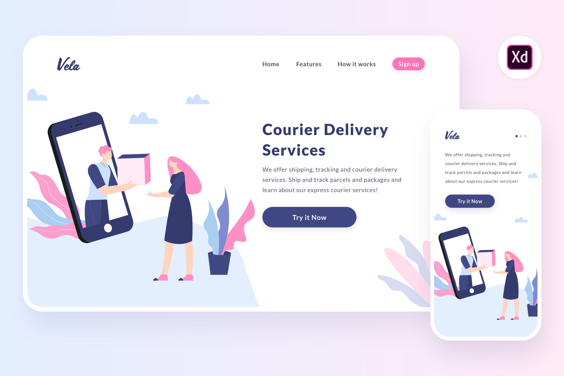 商品配送交付主题Web&APP设计矢量插画[XD&SVG] Delivering product illustration (Adobe XD, SVG)