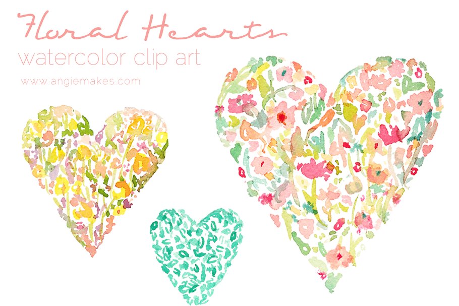 水彩花卉心形图形图案 Watercolor Floral Hearts