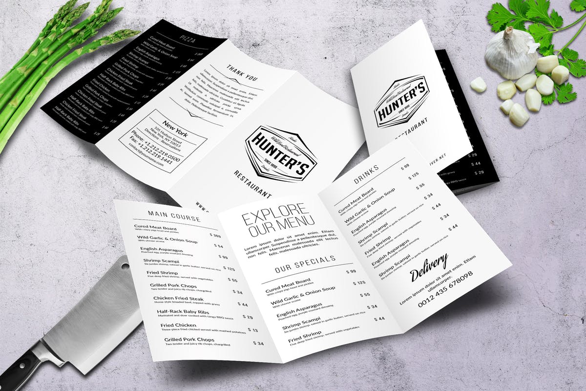 极简主义A4规格三折页菜单设计模板 Minimal A4 Trifold Food Menu Design
