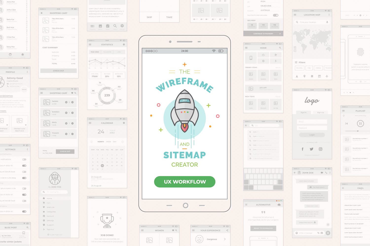UX工作流程-手机APP线框图/站点地图设计素材 UX Workflow – Mobile Wireframe and Sitemap Creator