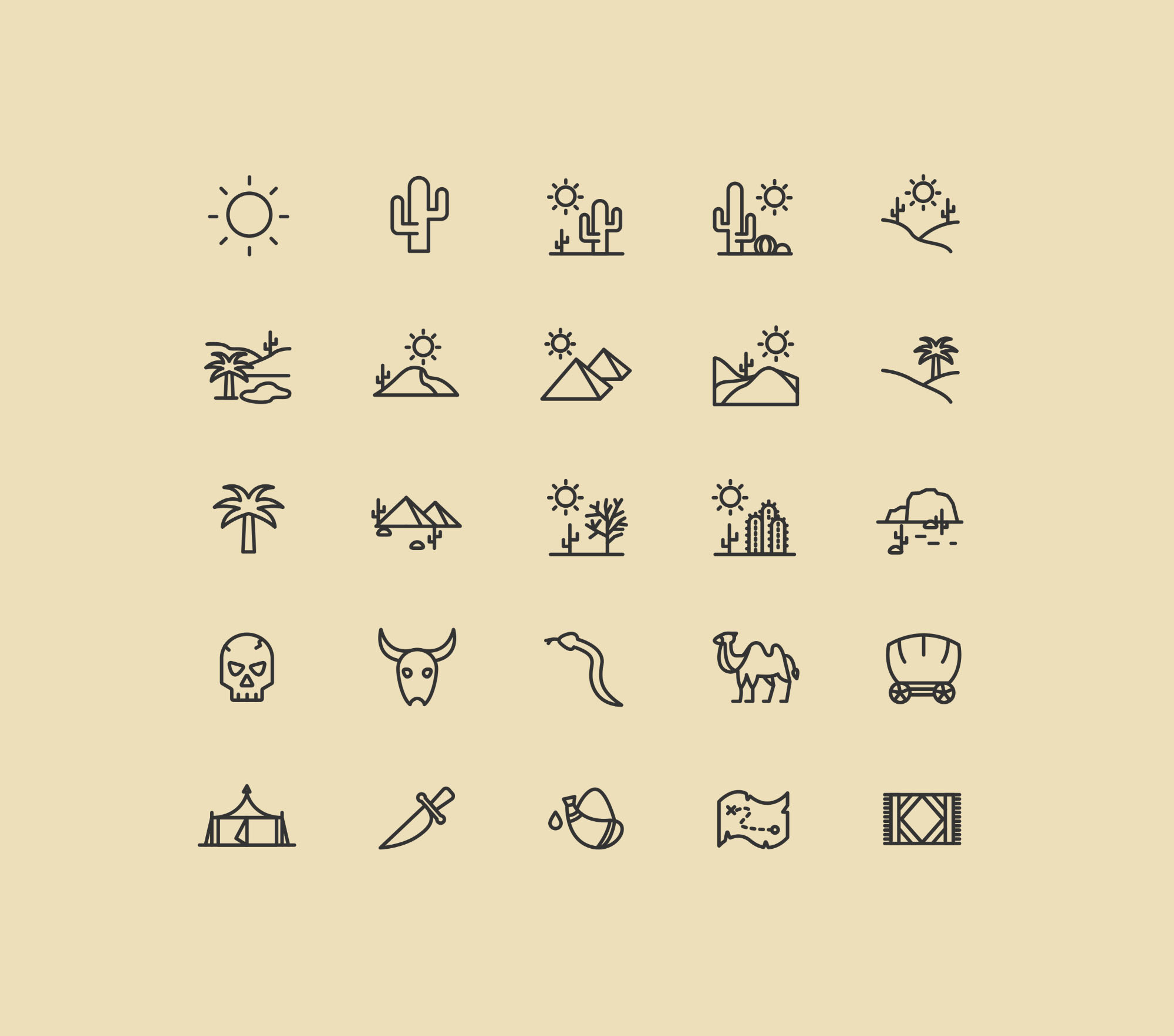25枚沙漠主题矢量线性一流设计素材网精选图标 25 Desert Line Vector Icons