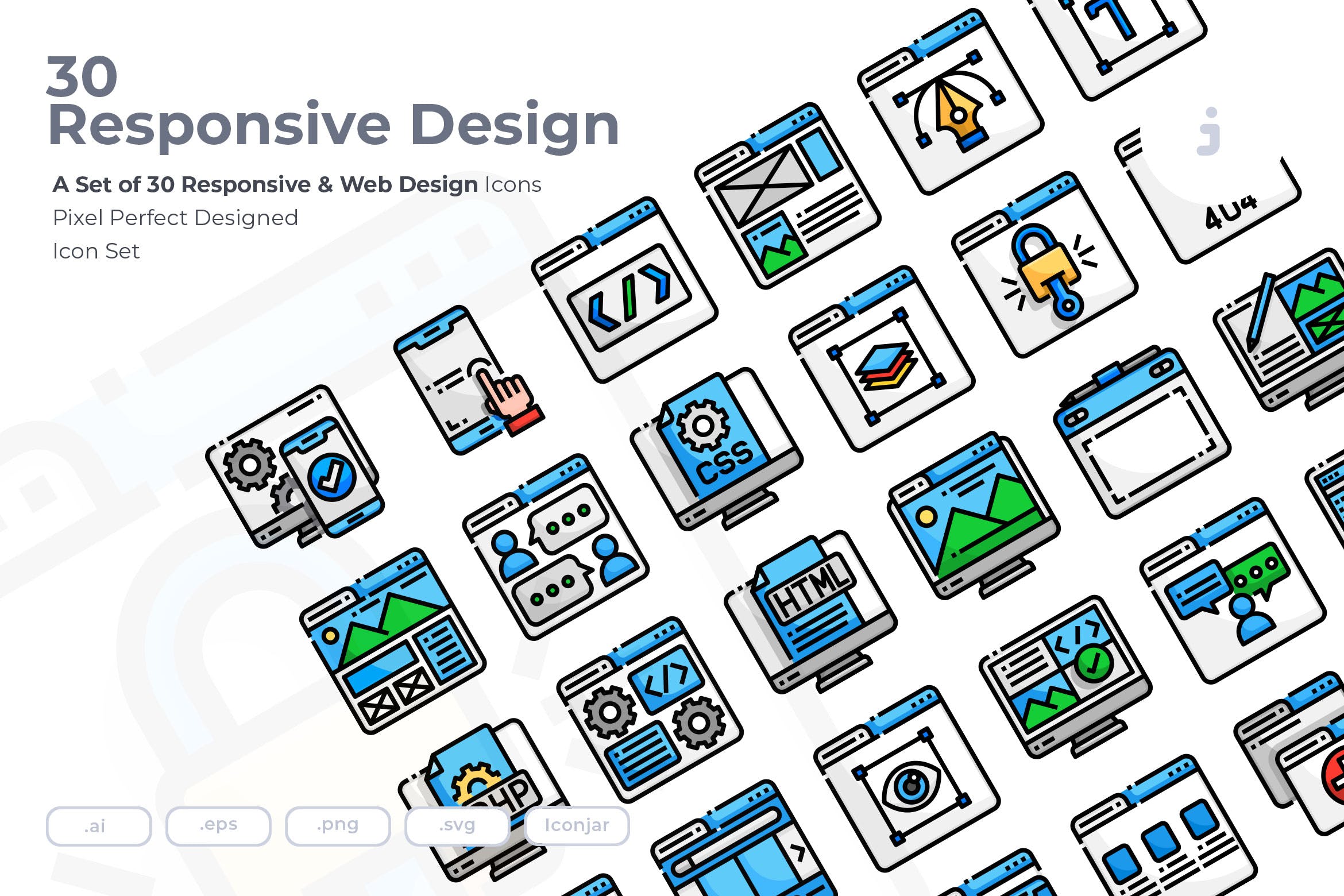 30枚彩色响应式网站设计矢量一流设计素材网精选图标 30 Responsive & Web Design Icons