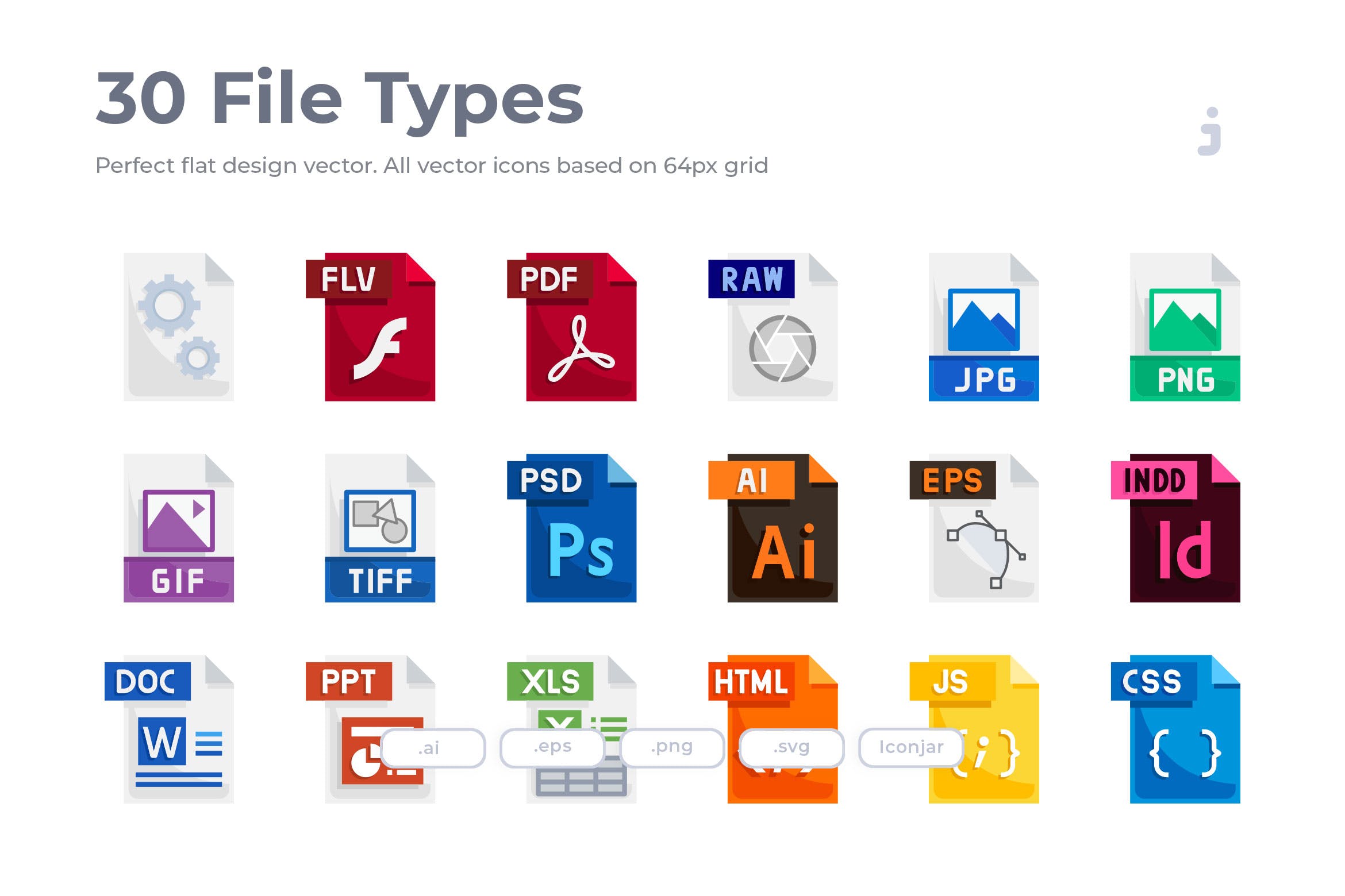 30种文件格式扁平设计风格一流设计素材网精选图标 30 File Types Icons – Flat