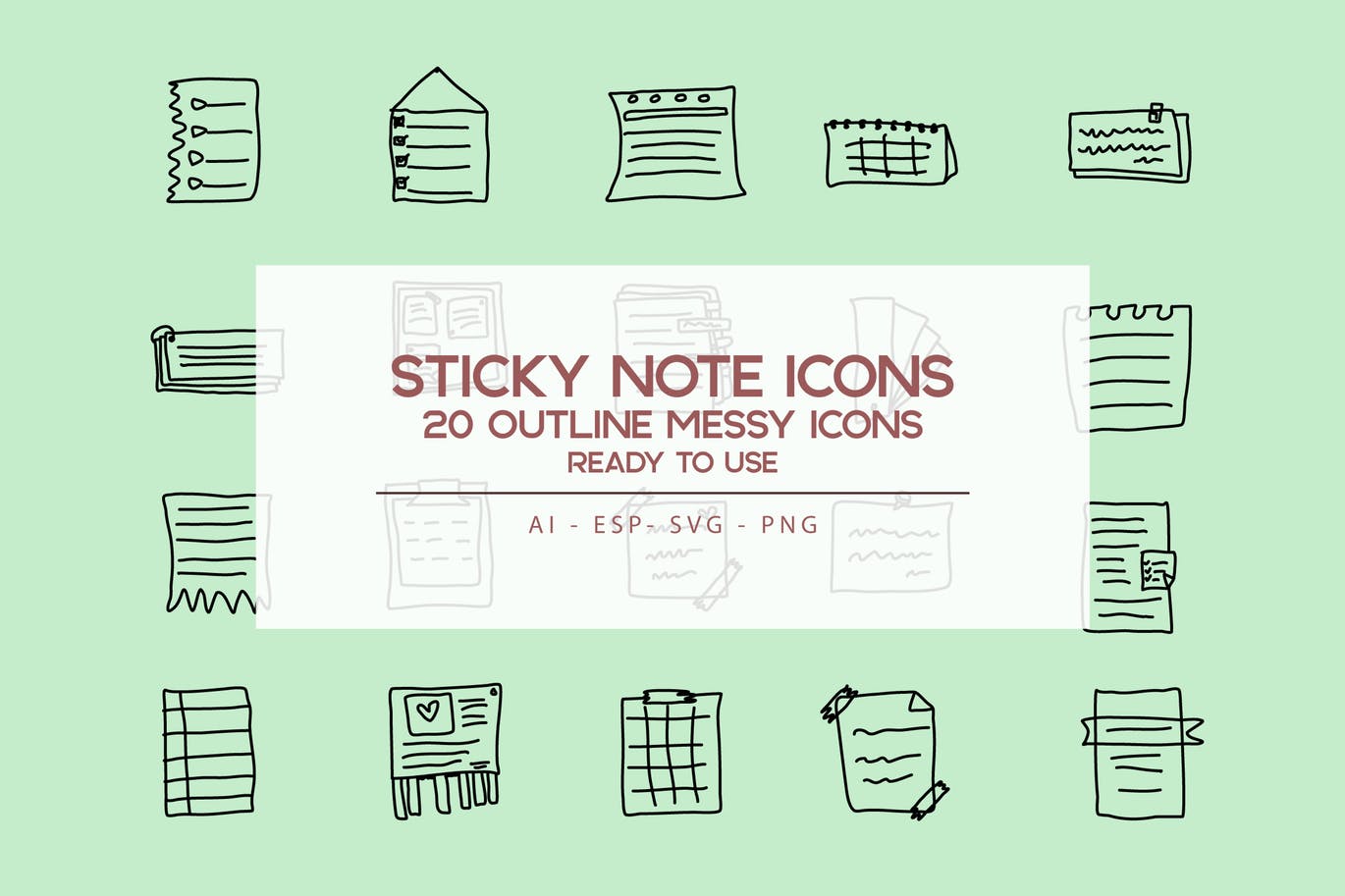 便笺手绘草图矢量轮廓一流设计素材网精选图标 Outline Sticky Note Icons set