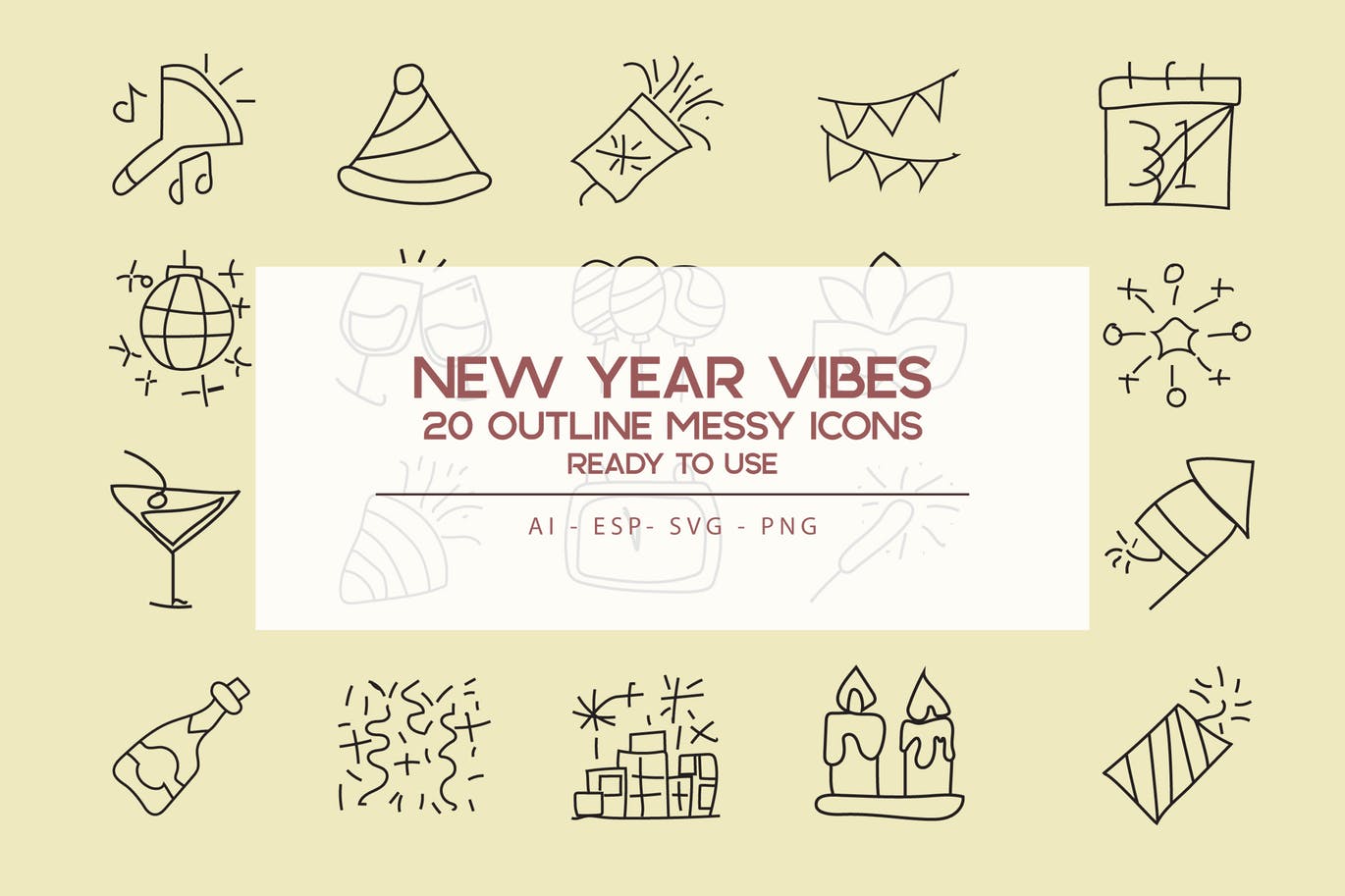 新年主题氛围实物轮廓一流设计素材网精选图标素材 New Year Vibe Outline Icon Set