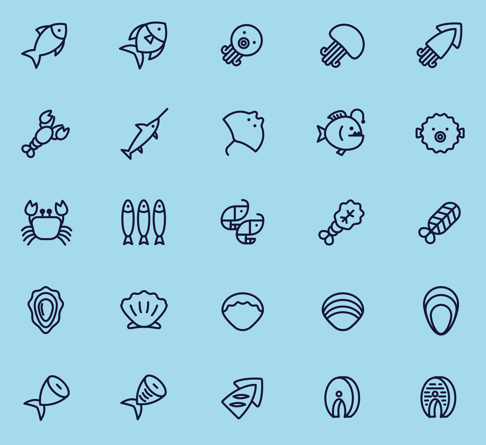 25枚海鲜美食矢量线性一流设计素材网精选图标 25 Vector Line Seafood Icons